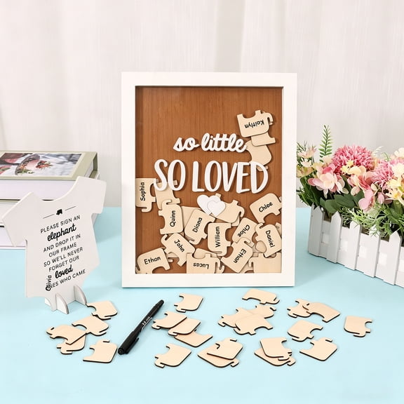 Threns Wooden Guest Book, Elephant Token Frame, Baby Shower Signature Guest Book with 50 Wood Chips, Signature Party Sign Gift for Home Decor