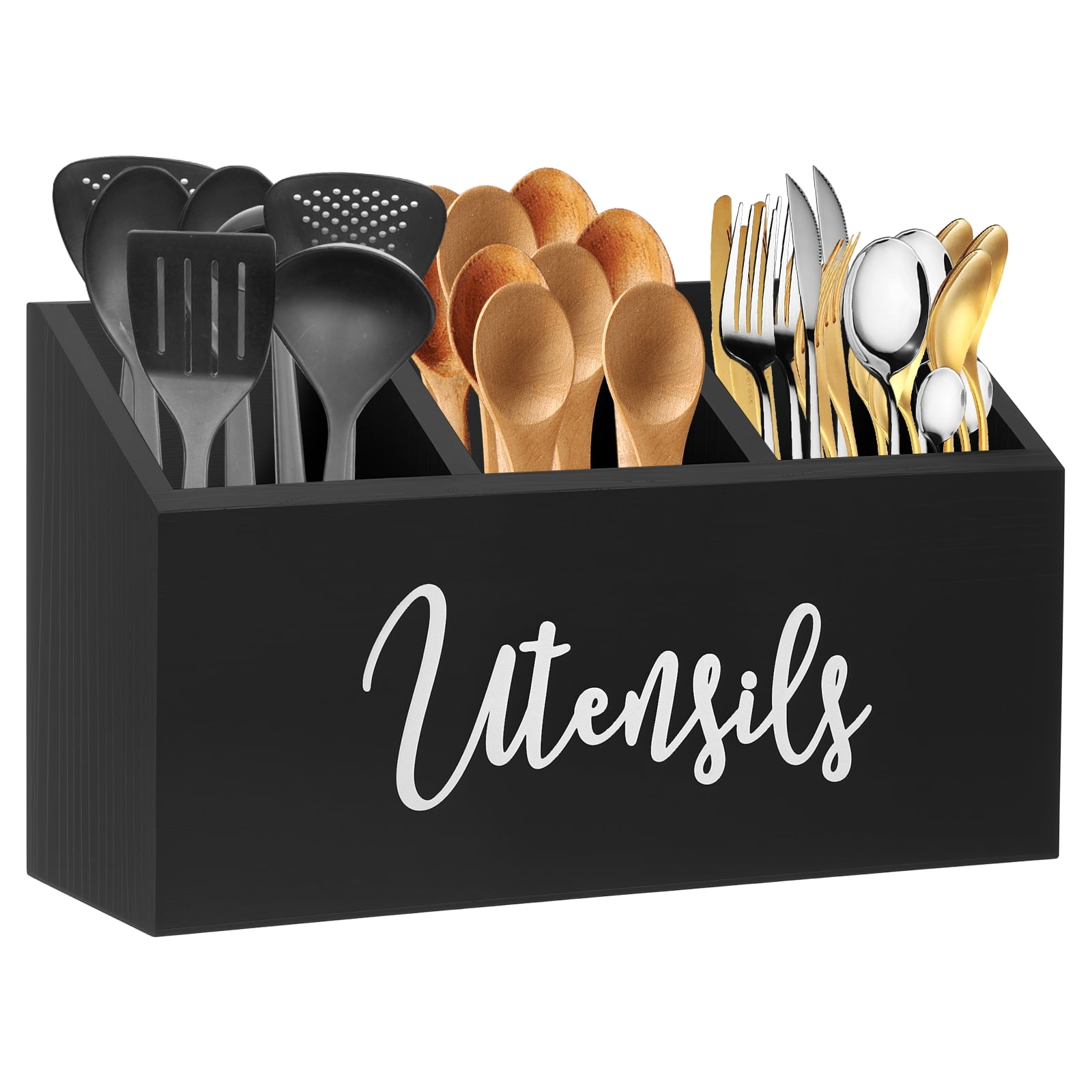 Open Flatware Rack Threns Wooden Silverware Caddy Organizer Open Top Compartmental ...