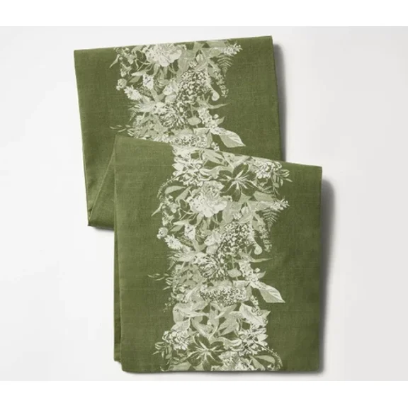 Threshold 72 X 14 Cotton Floral Table Runner Olive Green- New