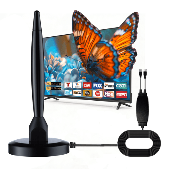 WuZooCg Indoor TV Antenna with Amplifier, 150-Mile Range, 16 ft Coax Cable, Magnetic Base, 4K 1080p HDTV Antenna for Local Channels, Black