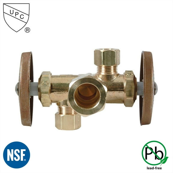Thrifco 4405690 5/8 Inch Comp x 3/8 Inch Comp x 1/4 Inch Comp Dual Outlet & Dual Shut Off Multi Turn Angle Stop Valve (Lead Free)
