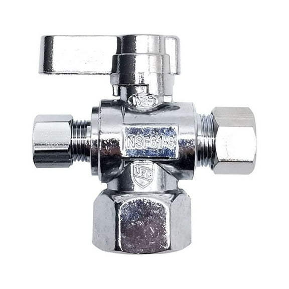 Thrifco 4406478 1/2 Inch FIP x 3/8 Inch Comp x 1/4 Inch Comp Quarter Turn Brass Angle Stop Valve (Lead Free)