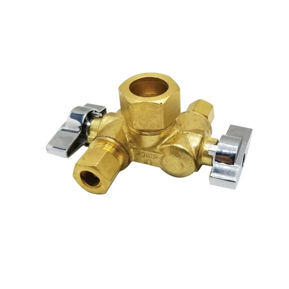 Thrifco 4406790 5/8 Inch Comp x 3/8 Inch Comp x 1/4 Inch Comp Dual Outlet/ Dual Shut Off 1/4-Turn Angle Stop Valve