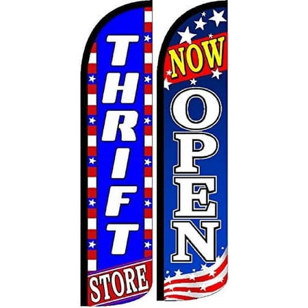 Thrift Store Now Open Flags – Pack of 2 | 3 ft x 11.5 ft Outdoor Advertising Flags for Thrift Store Business | Weatherproof Polyester (Hardware Not Included)$$Other