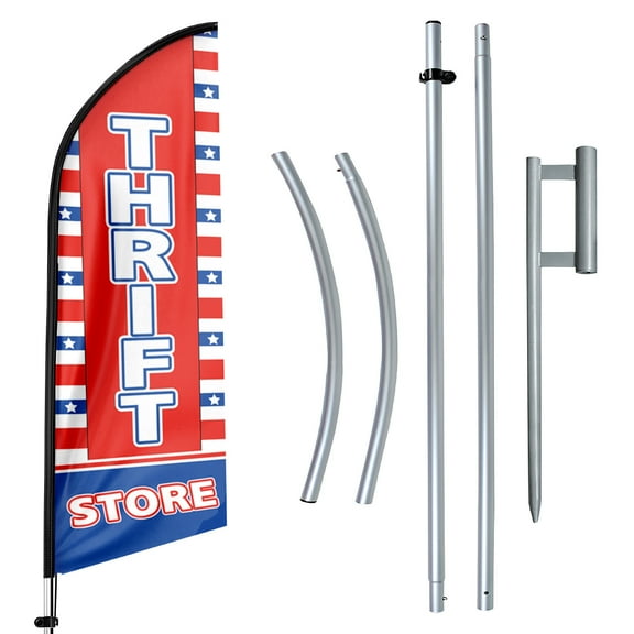 Thrift Store Sign Feather Flag with Pole Kit,11ft Thrift Store Decoration Display, Thrift Store Business Sign,Thrift Store Swooper Flag