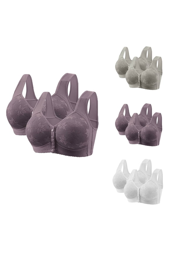 2PC Women's Front Closure Bras Wide Strap Button Wireless Bras Adjustable Floral Lace Comfort Breathable Mesh Bralette for Heavy Bust