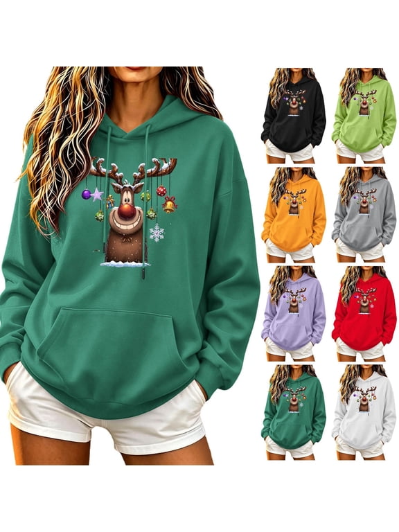 Christmas Hoodie Pullover for Women Loose Fit Long Sleeve Sweatshirt with Kangaroo Pocket Casual Breathable Holiday Graphic Shirts