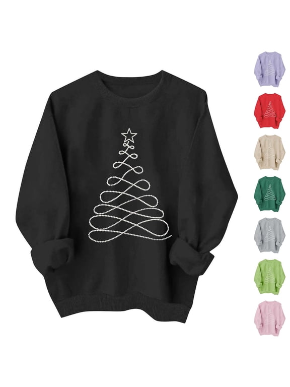 Christmas Sweatshirt for Women Fashion Crew Neck Rhinestone Print Pullover Top Long Sleeve Loose Fit Holiday Blouse for X‑mas