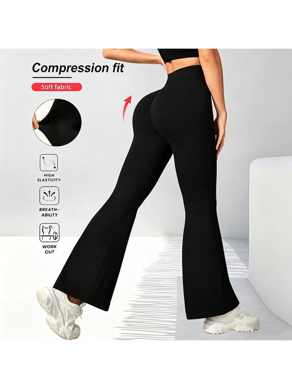 Flare Yoga Pants for Women Trendy Crossover High Rise Workout Leggings with Side Pockets Full Length Stretchy Athletic Lounge Trousers