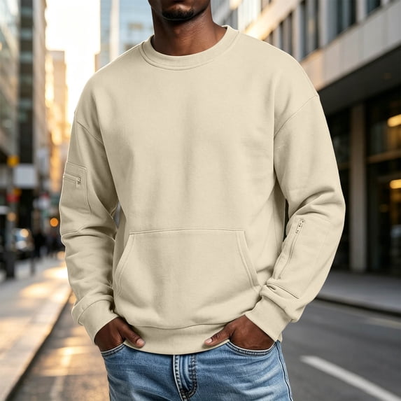 ThriftyPlait Functional Crewneck Pullover Men's Zipper Pocket Sweatshirt Trendy Urban Streetwear Top with Kangaroo Pocket for Gym