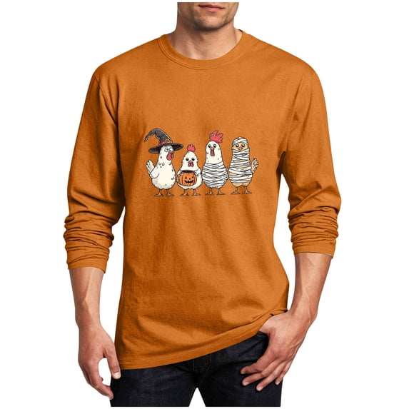 ThriftyPlait Funny Halloween Graphic Tee for Men Plus Size Crewneck Long Sleeve Shirt Casual Loose Fit Fall Top for Men