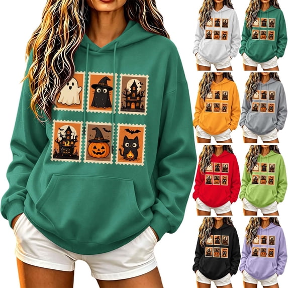 ThriftyPlait Halloween Graphic Hoodie for Women Long Sleeve Loose Fit Top for Holiday Casual Fall Pullover Sweatshirt with Front Pocket