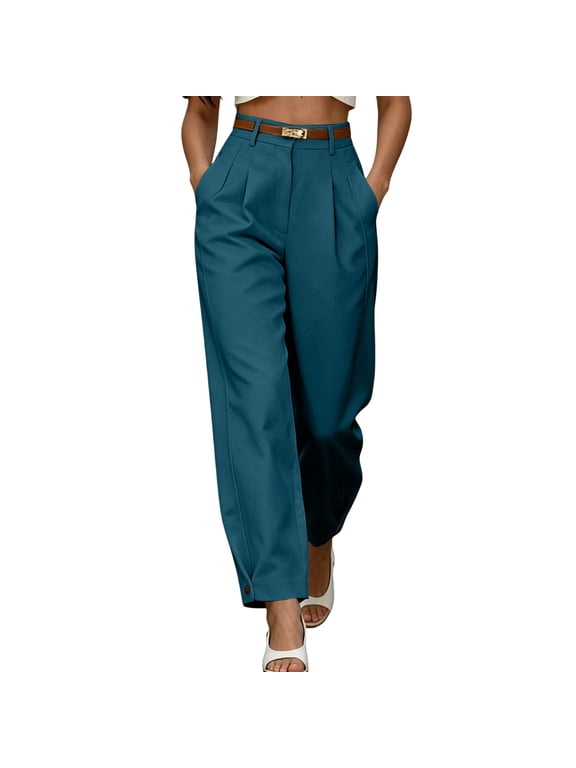 High Waist Pleated Dress Pants for Women Casual Loose Fit Ankle Cuffed Dress Trousers Straight Business Slacks for Office