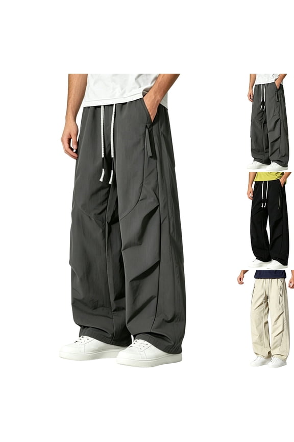 Men's Parachute Trousers Plus Size Drapey Fit Pleated Drawstring Pants Casual Baggy Cargo Pants for Men Flowy Streetwear