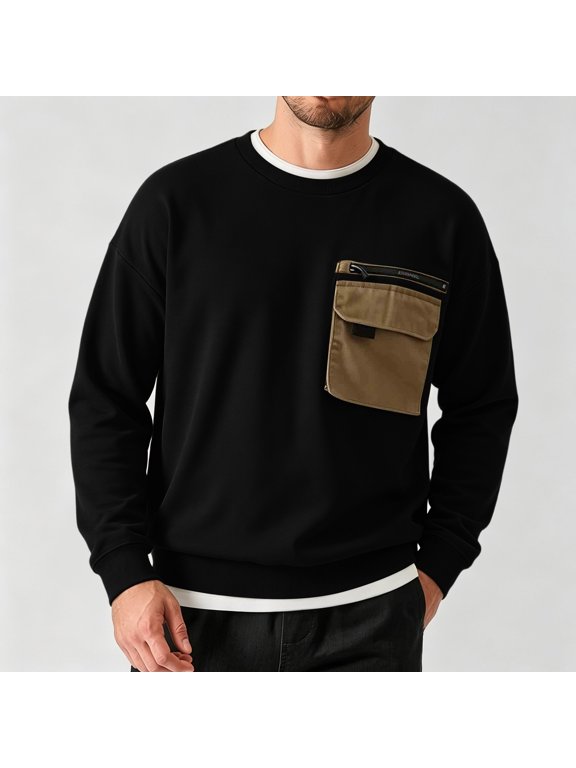 Outdoor Cargo Crewneck Top Men's Utility Pocket Sweatshirt Casual Loose Fit Pullover for Everyday Wear