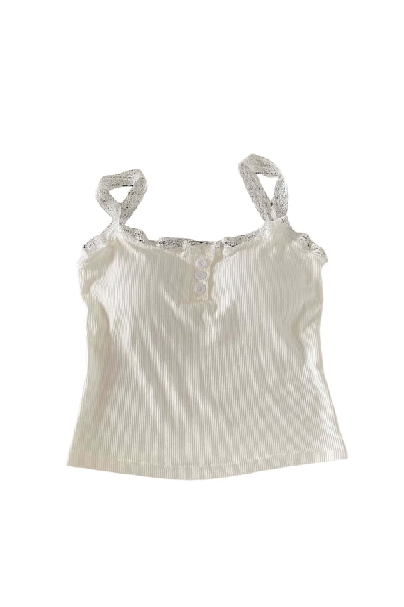 Tank Tops with Built in Bras for Women Striped Lace Trim Cami Crop Top Button Front Spaghetti Strap Tops
