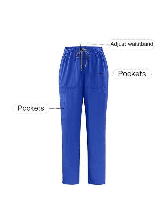 Women Elastic Waist Scrub Pants Casual Drawstring Multi Pockets Work Uniform Pants Nurse Staff Professional Trousers