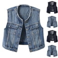 thumbnail image 1 of ThriftyPlait Women Frayed Edge Sleeveless Denim Vest Plus Size Round Collar Button Up Jean Waistcoat Chest Pockets Casual Vintage Outerwear, 1 of 8