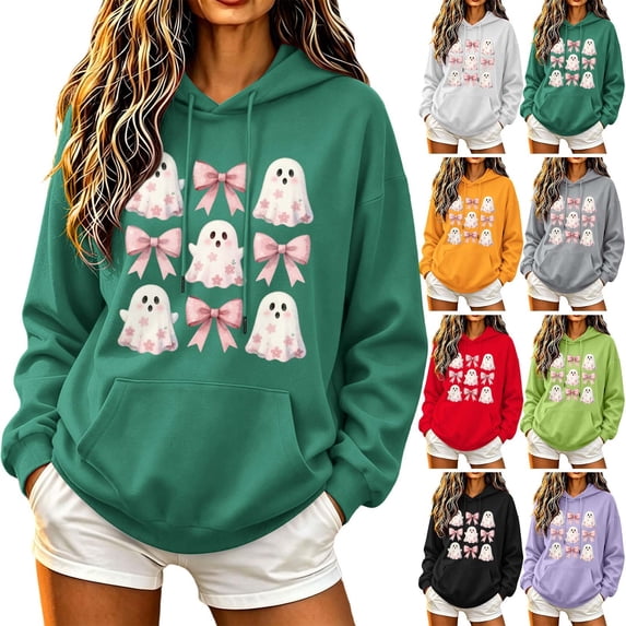 ThriftyPlait Women Halloween Graphic Hoodie Long Sleeve Loose Fit Top for Holiday Casual Fall Pullover Sweatshirt with Front Pocket