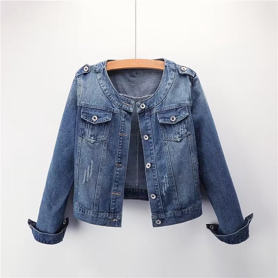 ThriftyPlait Women Round Collar Cropped Jacket Plus Size Slim Fit Distressed Button Down Short Jean Coat Casual Trucker Outer Jacket Daily Outerwear
