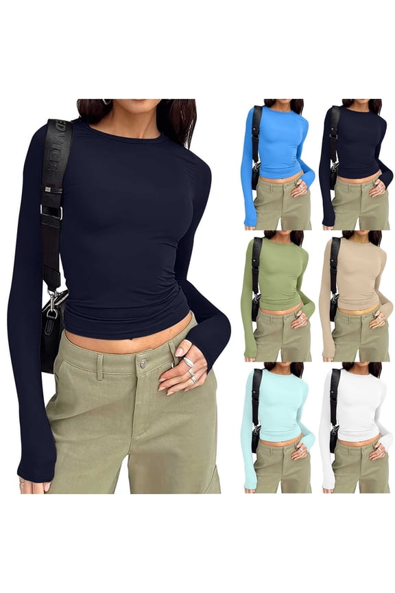 Women's Basic Tunic Tops Slim Fit Long Sleeve Crewneck Blouse Soft Stretch Tees for Women Layering Undershirt Casual Daywear