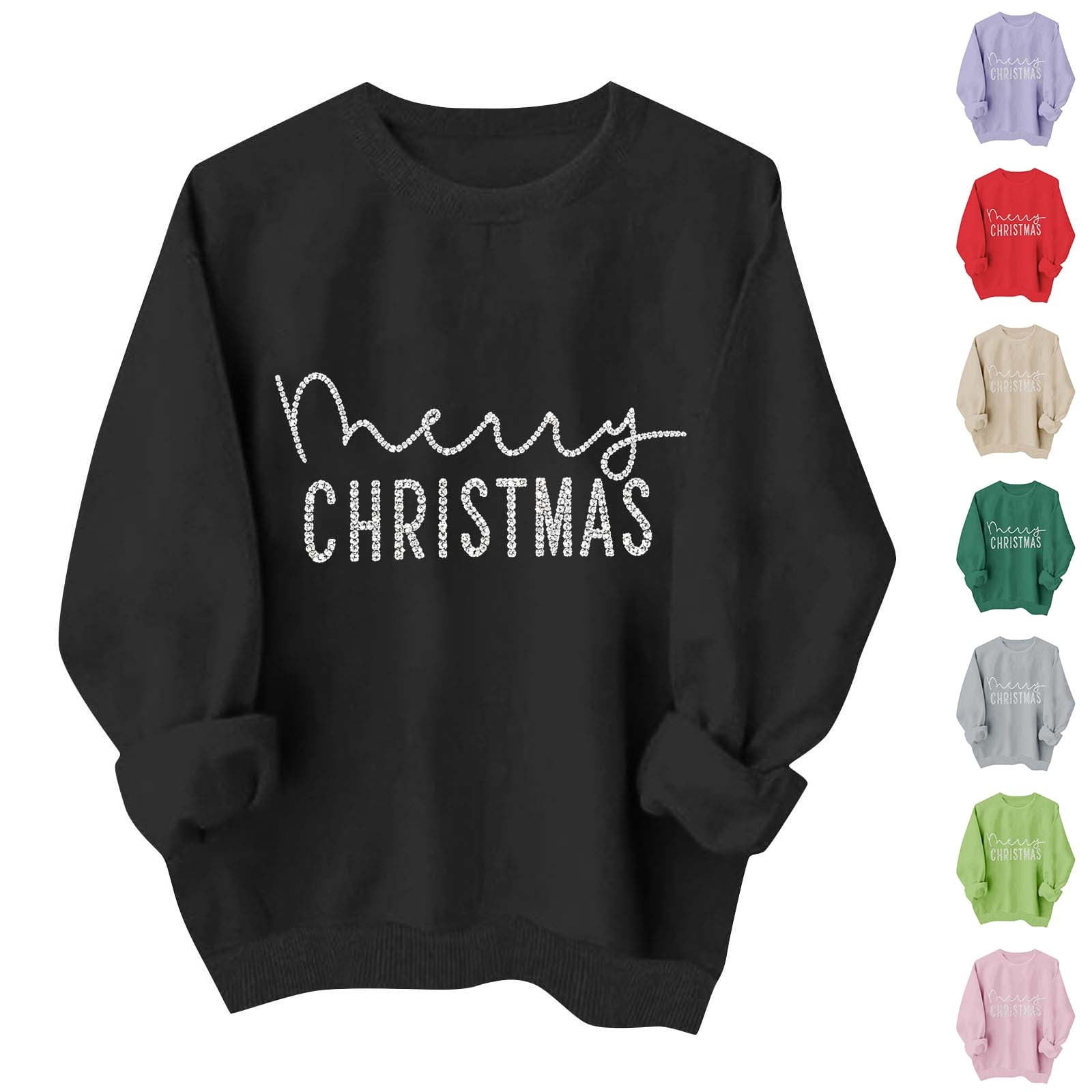 Women's Christmas Sweaters Fashion Crew Neck Rhinestone Print Long Sleeve Pullover Top Holiday Graphic Shirts for Women