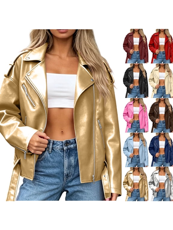 Women's Faux Leather Casual Jacket Plus Size Zip Up Coat Fall Trendy Motorcycle Outfits Lightweight Loose Fit Classic Coat