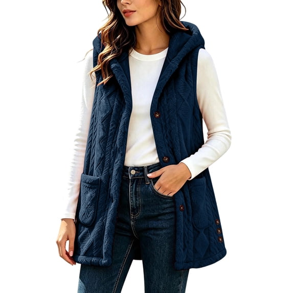 ThriftyPlait Women's Fleece Long Vest Soft Warm Hooded Sleeveless Vests S-2XL Fall Winter Button Up Outerwear with Pockets for Winter