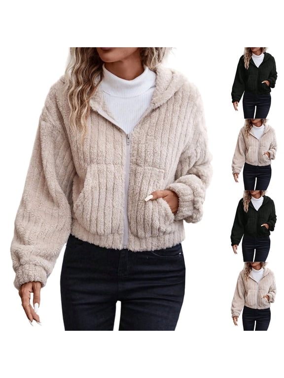Women's Fuzzy Fleece Zip Up Hoodie Jacket Cozy Plush Long Sleeve Sweatshirt Trendy Warm Fall Winter Cardigan with Pockets