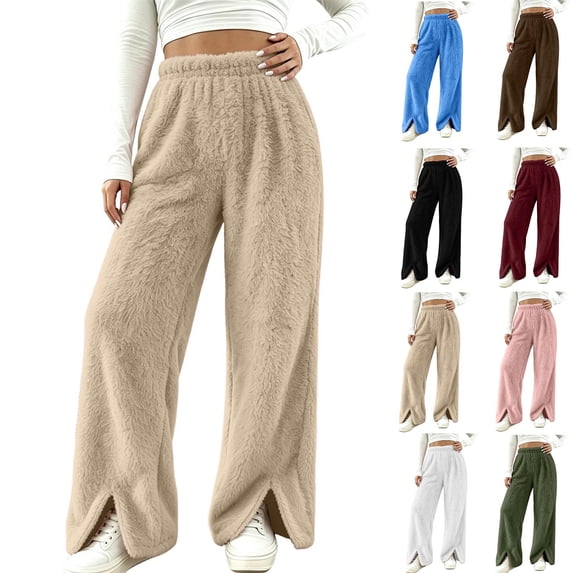 ThriftyPlait Women's Fuzzy Wide Leg Pants Casual Elastic Waist Warm Trousers Soft Fluffy Loungewear Loose Fit Winter Daily Wear