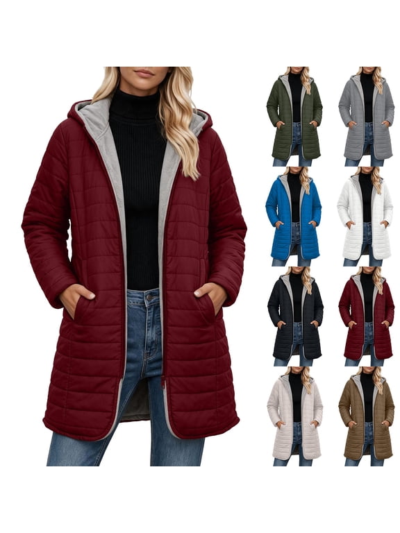 Women's Hooded Long Quilted Coat Silm Fit Zip Up Fleece Lined Outerwear Long Sleeve Padded Jacket for Commuting Travel