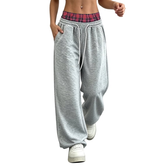 ThriftyPlait Women's Layered Waist Wide Leg Sweatpants Casual Loose Fit Cuffed Jogger Pants Fashion Streetwear Trousers with Pockets