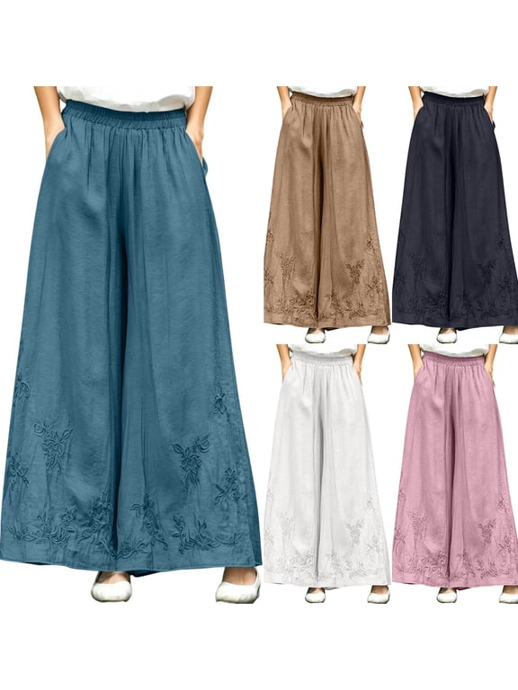 Women's Plus Size Pants Boho Floral Embroidered Wide Leg Pants Casual Lightweight High Waisted Pants Flowy Loose Fit Trousers