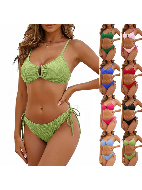 Women's Push Up Bikini Sexy Front Closure High Waisted Swimwear Textured Ruched Spaghetti Strap Two Piece Swimsuit Summer Bathing Suits