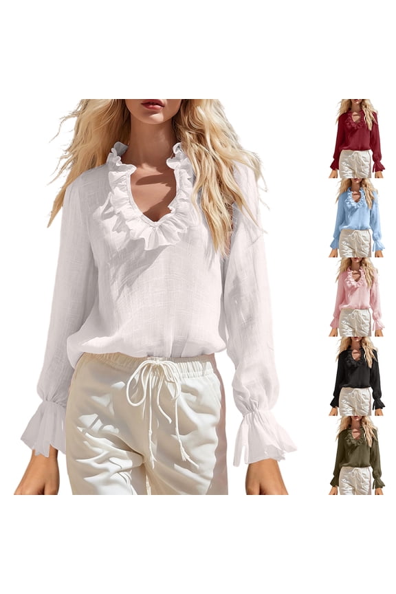 Women's Ruffle V Neck Blouse Boho Long Sleeve Flare Sleeve Top Elegant Frill Trim Shirt Flowy Relaxed Tunic Pullover for Date