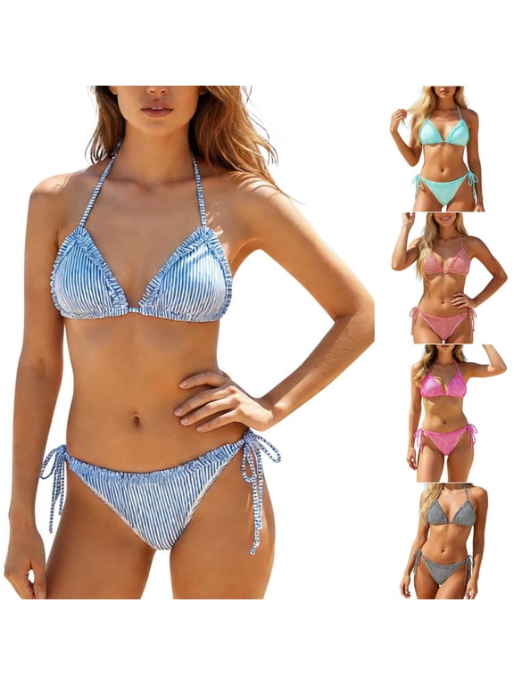 Women's Stripe Bikini Sexy Slim Fit Ruffle Triangle Cup Tie Side Halter Swimsuit Fashion Two Piece Swimsuit for Beach Vacation