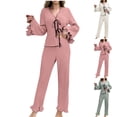 thumbnail image 1 of ThriftyPlait Women's Textured Knit Pajama Set Casual Tie Front V Neck Long Sleeve Tops Wide Leg Pants Elegant Soft Two Piece Loungewear Sleepwear, 1 of 8