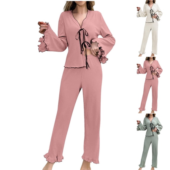 ThriftyPlait Women's Textured Knit Pajama Set Casual Tie Front V Neck Long Sleeve Tops Wide Leg Pants Elegant Soft Two Piece Loungewear Sleepwear