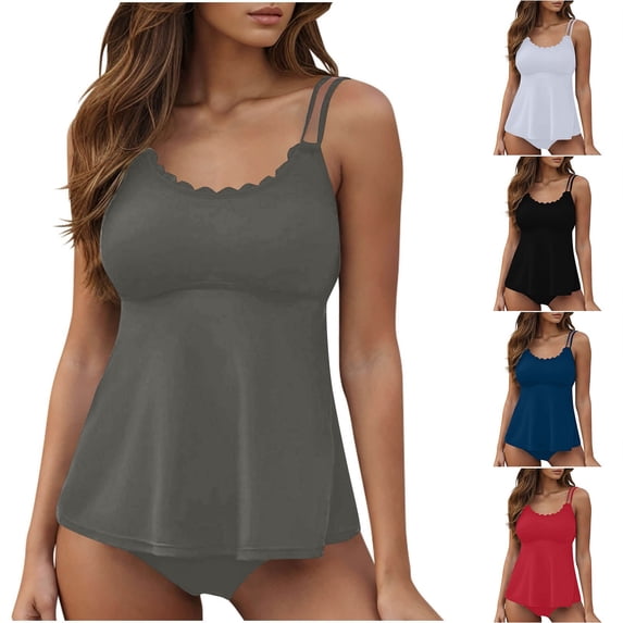 ThriftyPlait Women's Tummy Control Swimdress Scalloped Neckline Double Straps Comfortable Swimwear Flowy Hem Flattering Bathing Suit for Pear Shapes Postpartum