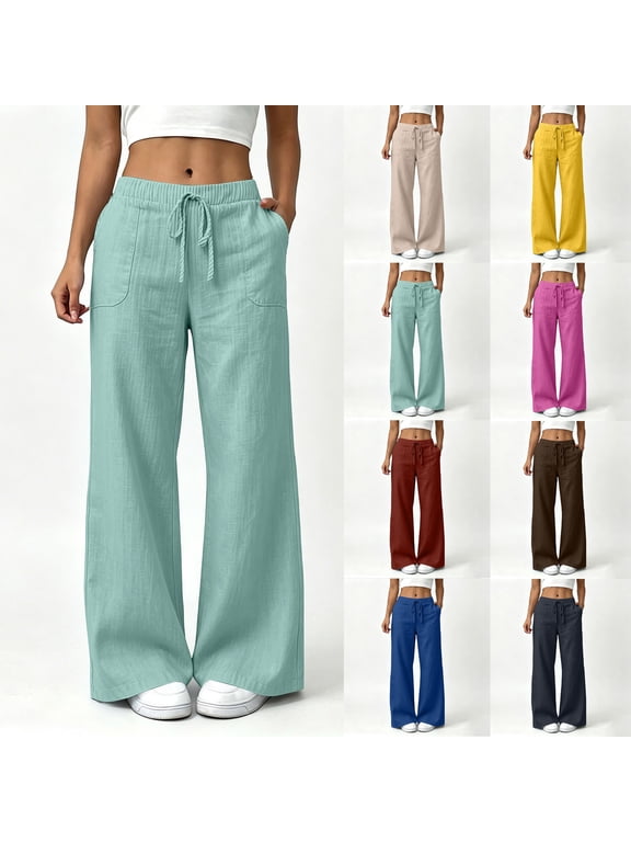 Women's Wide Leg Cotton Pants Casual Drawstring Elastic Waist Trousers Loose Fit Flowy Palazzo Pants for Daily