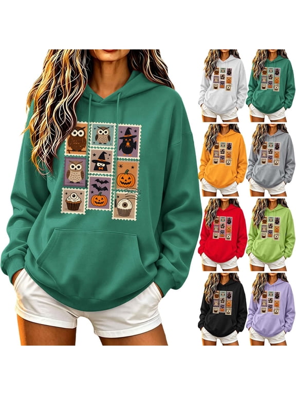 Womens Halloween Sweatshirt Fall Oversized Pullover Tops Casual Long Sleeve Lightweight Hooded Top for Holiday