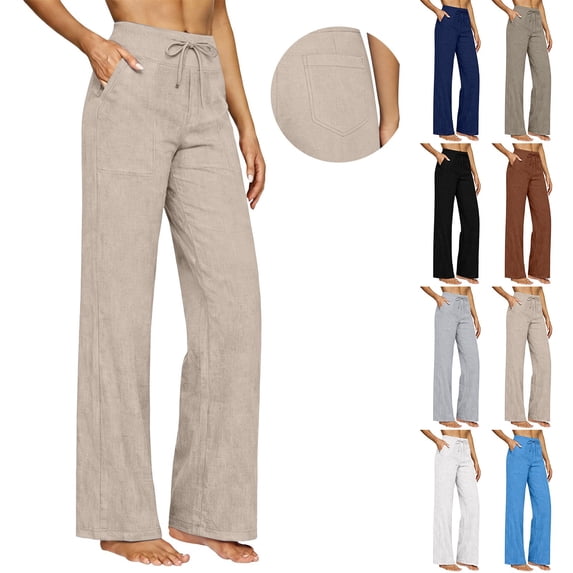 ThriftyPlait Womens High Waisted Trousers Straight Wide Leg Lightweight Textured Pants Loose Fit Work Pants with Patch Pockets