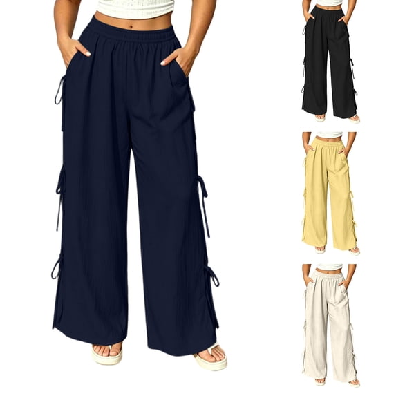 ThriftyPlait Womens Plus Size Baggy Pants Cotton Ruched Casual Flowy Pants Loose Fit High Rise Pants Drawstring Wide Leg Elastic Waist Trousers
