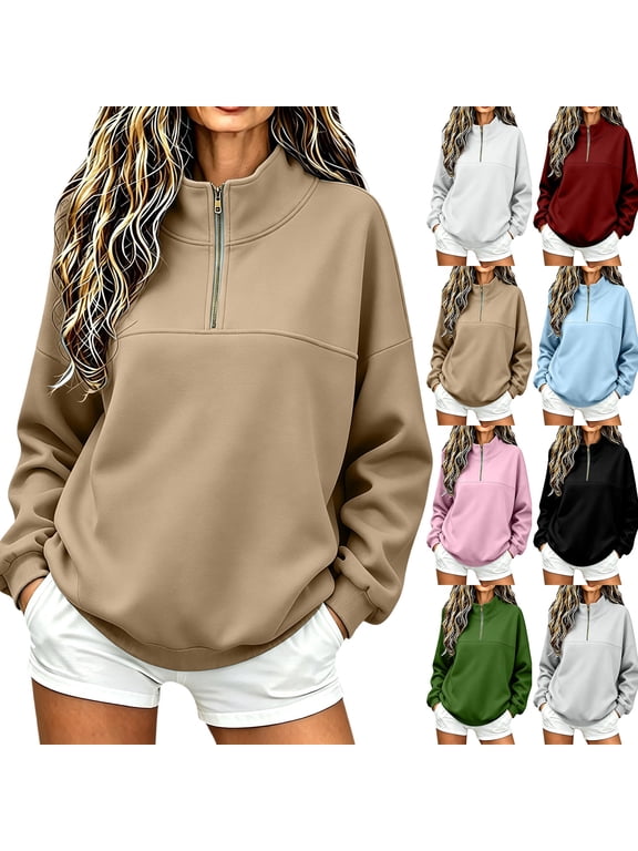 Womens Quarter Zip Sweatshirt Casual Long Sleeve Pullover Loose Fit Coat with Kangaroo Pocket Fall Winter Daily Top