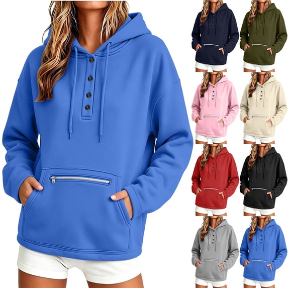 ThriftyPlait Womens Sweatshirts Henley Hooded Pullover Long Sleeve Button Down Hoodie with Zipper Pocket Drawstring Loose Fit Winter Casual Top
