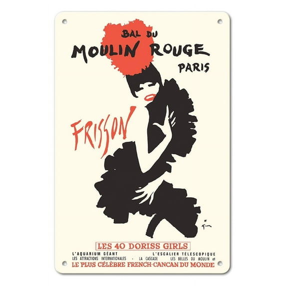 Thrill (Frisson) - French Cancan Dancer - Moulin Rouge Paris France - Vintage Cabaret Poster by René Gruau c.1960s - 8 x 12 inch Vintage Metal Tin Sign