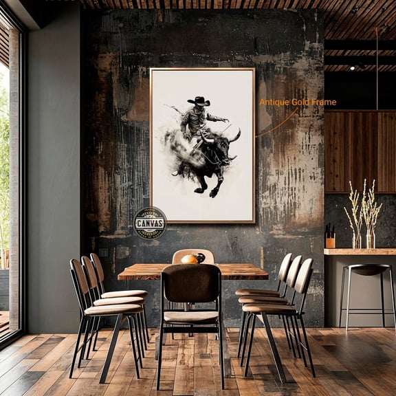 Thrilling Rodeo Cowboy Wall Art Dynamic Bull Riding Illustration Poster Western Wall Decor Poster Ready To Hang, Unframed Poster Size 8x12