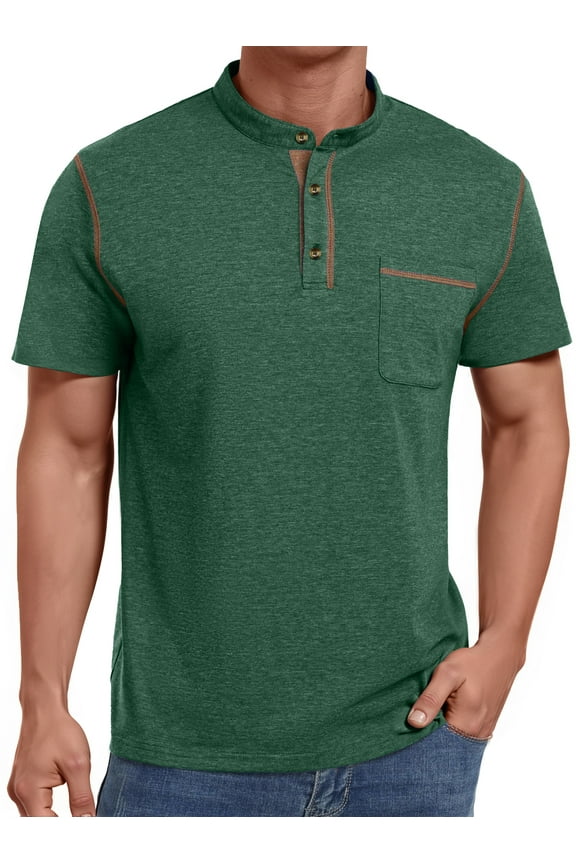 Mens Henley Shirts Short Sleeve Casual Tops Lightweight Pullover Shirt Button Cotton T Shirt with Pocket