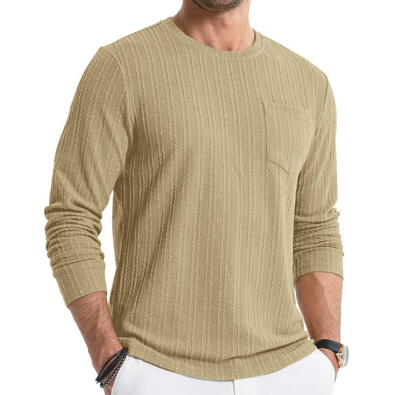 Thrilos Mens Long Sleeve Shirts Crewneck Casual Tops Pullover Work Shirts Stretch Textured Knit T-Shirts with Pocket