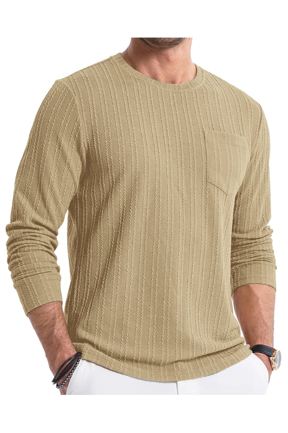Mens Long Sleeve Shirts Crewneck Casual Tops Pullover Work Shirts Stretch Textured Knit T-Shirts with Pocket